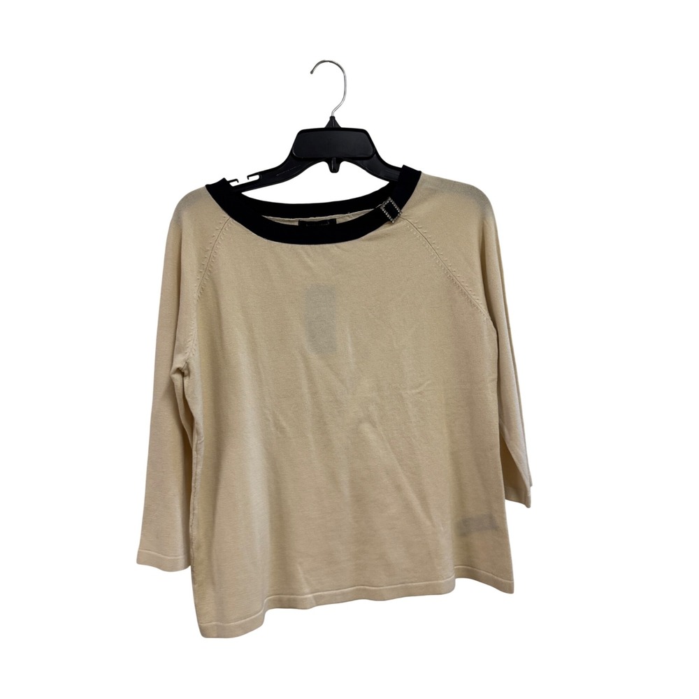 By Design Petite Cream Black Colorblock Rhinestone Buckle 3/4 Sleeve Sweater PL